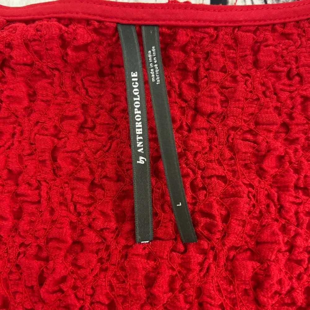 Anthropologie Red Textured Popcorn Knit Puff Sleeve Button Front Smocked Top L